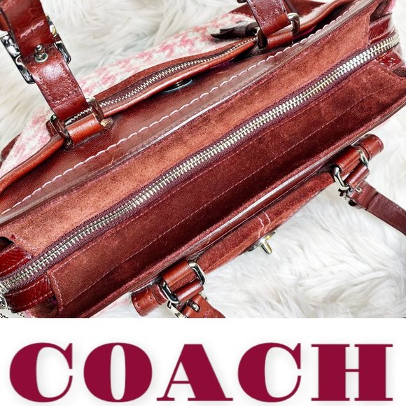 Vintage Coach Hampton Pink Houndstooth Satchel With Red Suede & Leather Trim - Picture 12 of 13